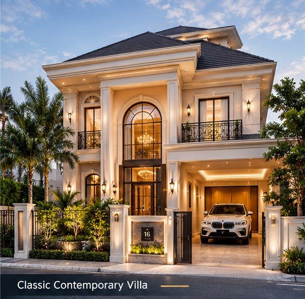 Classic contemporary elevation concept Classic contemporary villa design for house construction