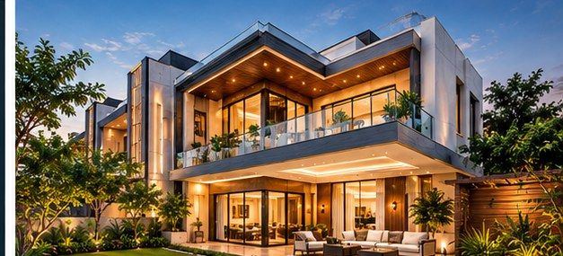 Modern house exterior lighting and evening elevation
