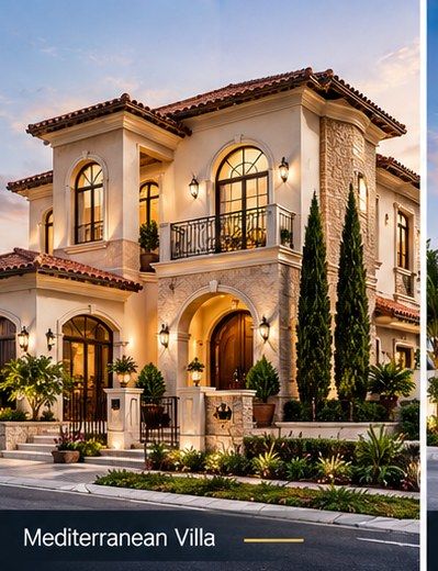 Mediterranean villa elevation concept Mediterranean-style villa design for residential construction